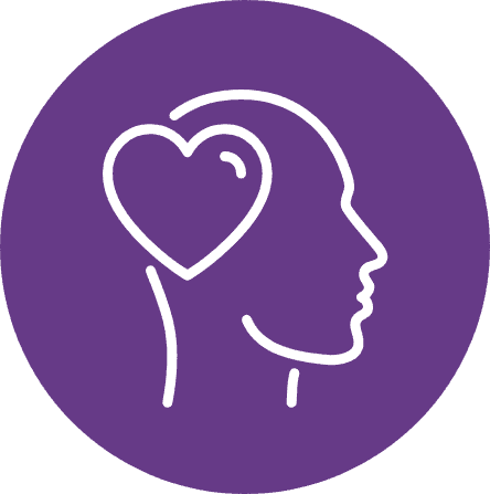 Purple icon of a heart inside a head
